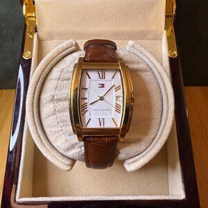 Tommy Hilfiger Classic Cushion Calendar Tank Watch Gold/White/Brown, 34mm